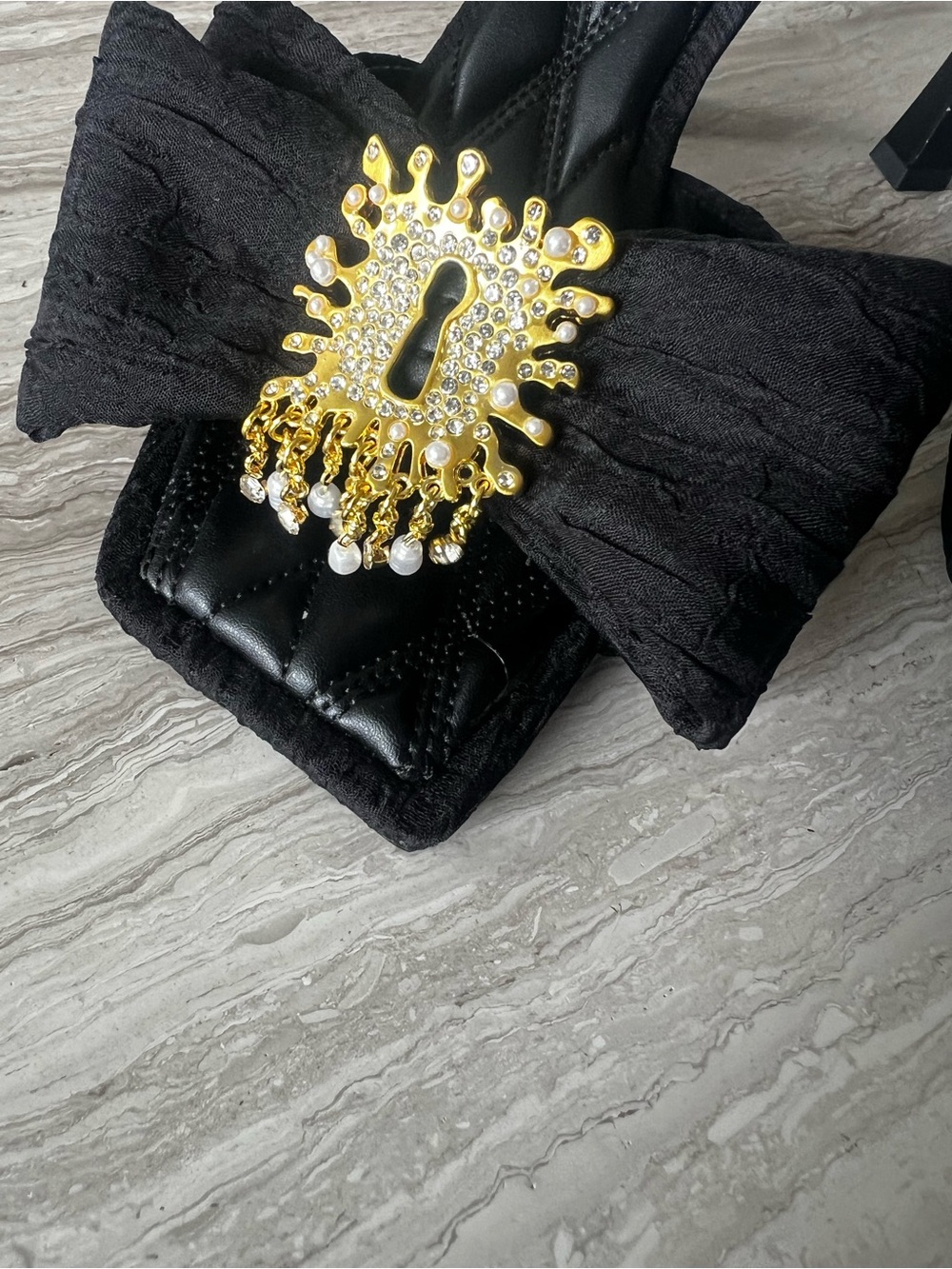 Gianni Bini Black Bow Mule Heels with Gold-tone Brooch - Picture 2 of 9